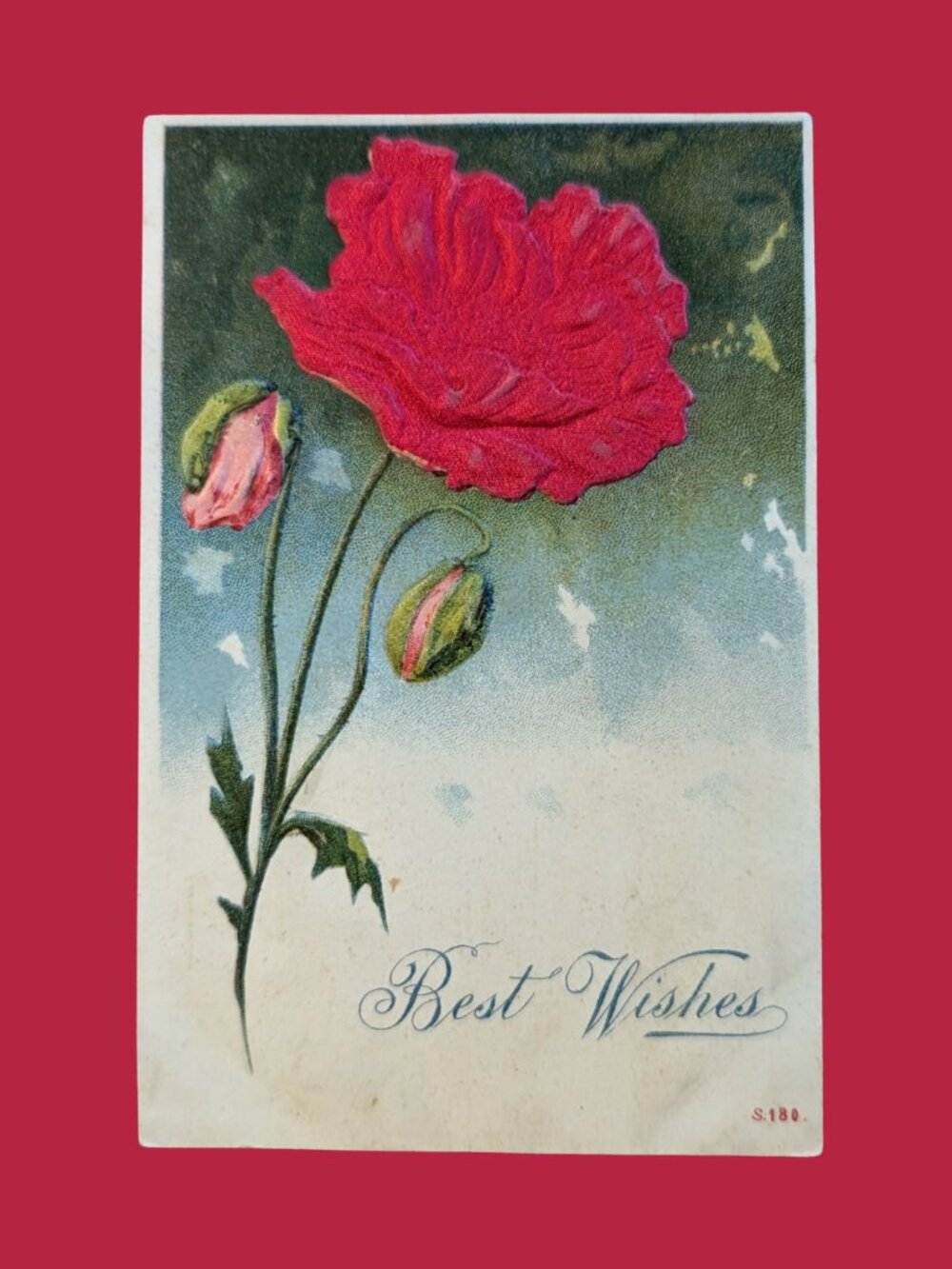 10/$25 Antique 1911 Postmarked Golden Age Flocked Poppy "Best Wishes" Postcard